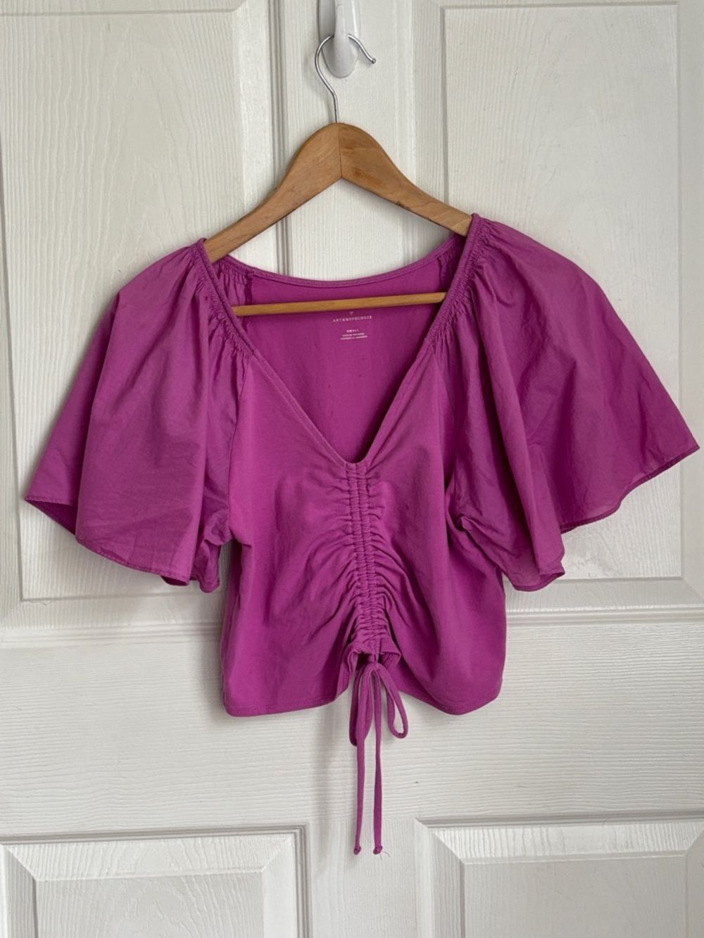 Anthropologie Maeve Magenta Ruched Drawstring V-Neck Crop Top Flutter Sleeve Sm